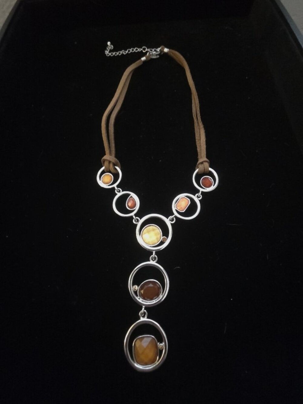 Lia Sophia Leather Statement Necklace Amber Tone Stones 23"